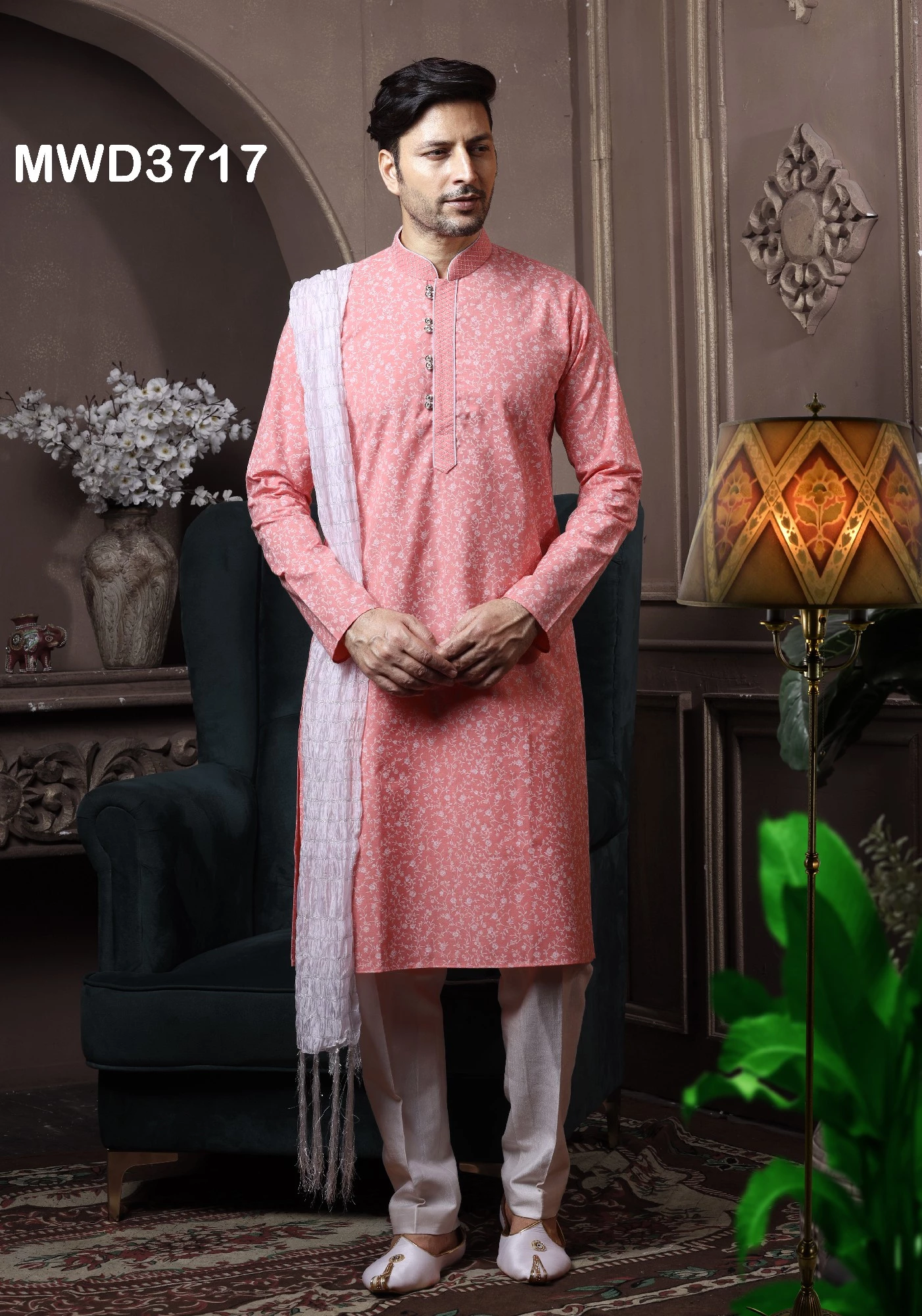 Peach Floral Printed Kurta With Pajama, 36-1.webp